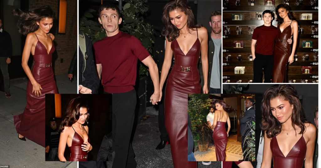 Zendaya Stuns in Burgundy Leather Dress While Matching with Tom Holland at Non-Alcoholic Beer Launch